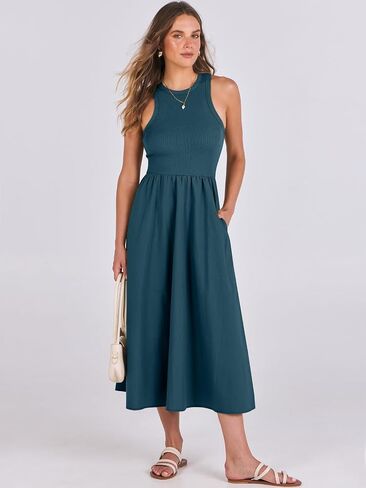 ANRABESS Women's Summer Casual Sleeveless Midi Sundress Patchwork Knit High Neck Tank Top Racerback Flowy Dresses Pockets in Saudi Arabia