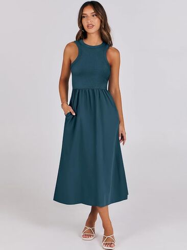 ANRABESS Women's Summer Casual Sleeveless Midi Sundress Patchwork Knit High Neck Tank Top Racerback Flowy Dresses Pockets in Saudi Arabia