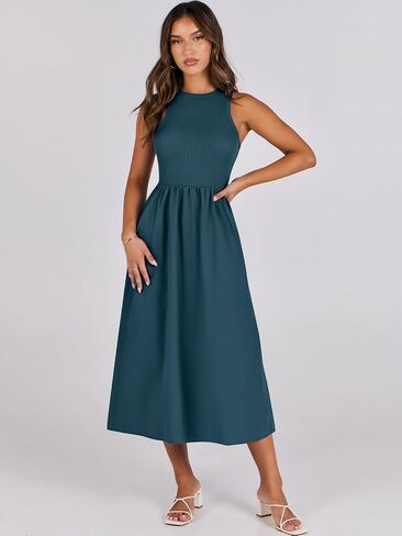 ANRABESS Women's Summer Casual Sleeveless Midi Sundress Patchwork Knit High Neck Tank Top Racerback Flowy Dresses Pockets in Saudi Arabia