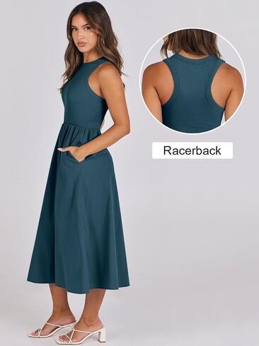 ANRABESS Women's Summer Casual Sleeveless Midi Sundress Patchwork Knit High Neck Tank Top Racerback Flowy Dresses Pockets in Saudi Arabia