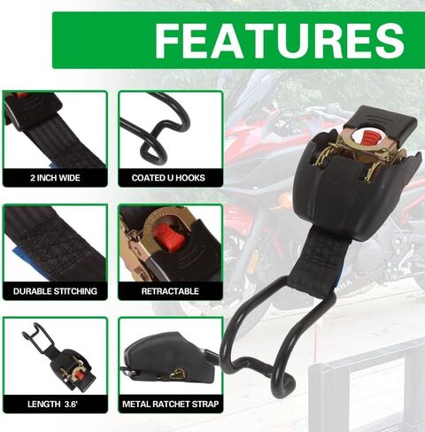 MOTO4U قارب قابل للسحب حزام سقاطة قابل للسحب Gunwale التعادل لأسفل حزام التعادل التلقائي الأسود (50 مم * 1.1 متر حزام ربط قابل للانكماش مع خطاف على شكل حرف U، قوة الكسر 1360 كجم، قطعتان) in Saudi Arabia