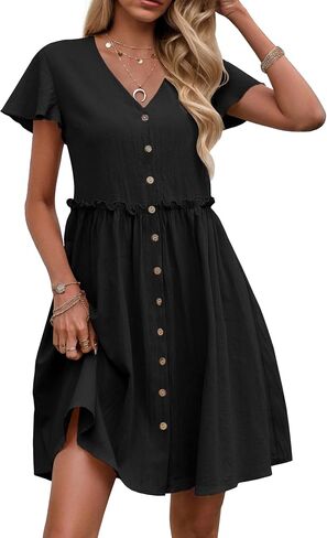 Zeagoo Button Down Summer Dress 2025 Spring Flutter Sleeve Cotton Linen Dress with Pockets Beach A Line Casual Dress in Saudi Arabia