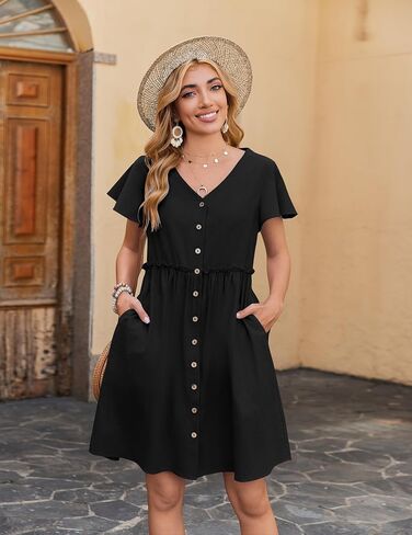 Zeagoo Button Down Summer Dress 2025 Spring Flutter Sleeve Cotton Linen Dress with Pockets Beach A Line Casual Dress in Saudi Arabia