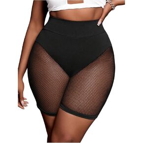 Women's Plus Size Fishnet Patchwork Leggings Shorts Elastic Waist Sheer Mesh Shorts