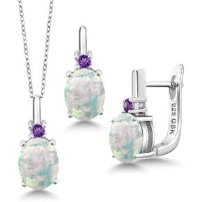 Gem Stone King 925 Sterling Silver Oval Cabochon White Simulated Opal and Purple Amethyst Pendant and Earrings Jewelry Set For Women (4.86 Cttw, Gemstone Birthstone, with 18 Inch Chain)