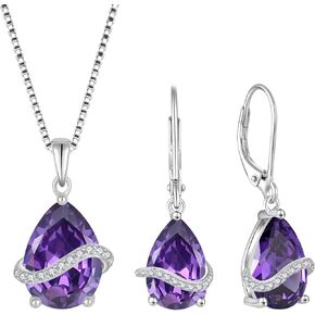 Teardrop Jewelry Set for Women 925 Sterling Silver Amethyst Necklace Dangle Drop Leverback Earrings February Birthstone Jewelry Gifts for Her