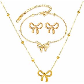 JczR.Y Bow Necklace for Women Titanium Steel Gold Bow Tie Bracelet Necklace Earrings Set Dainty Bowknot Ribbon Necklace Pendant Fashion Jewelry Gifts