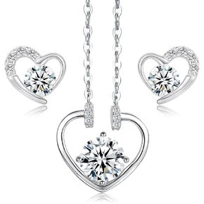 VOLUKA Moissanite 925 Sterling Silver Pendant Necklace Silver Earrings 18K White Gold Plated Jewelry Set for Women