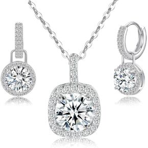 VOLUKA Moissanite 925 Sterling Silver Pendant Necklace Silver Earrings 18K White Gold Plated Jewelry Set for Women