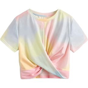 Verdusa Girl's Tie Dye Twist Front Crop T Shirt Round Neck Short Sleeve Tee Tops