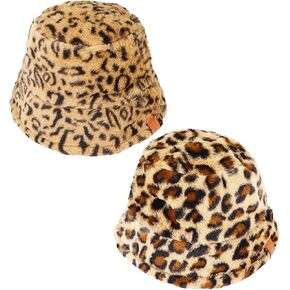 2 Pack Plush Bucket Hats, Fuzzy Warm Faux Fur Fisherman Cap, Fall Winter Hat for Women Teens Girls (Leopard)