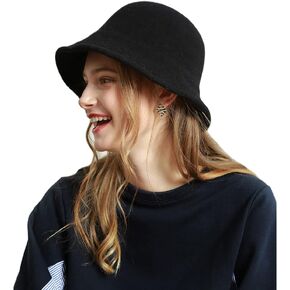 Women Winter Wool Felt Bucket Hat Vintage Warm Felt Cloche Bowler Hat with Brim