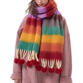 Blanket Scarf for Women Winter Long Shawl Oversized Thick Warm Wrap Coloured Striped Scarf with Tassels