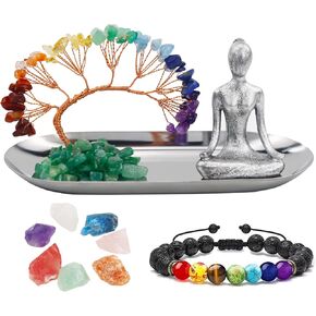 Meditation Accessories, Zen Spiritual Decor, 7 Chakra Crystal Tree Healing Stones and Yoga Statues, for Living Room, Office, Shelves, Mantle Decor, Birthday Gifts for Women