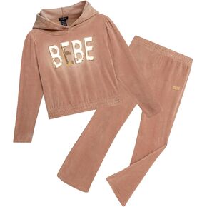 bebe Girls' Sweatsuit - 2 Piece Ribbed Velour Hoodie Sweatshirt and Open Bottom Sweatpants - Smock Waist Tracksuit Set (7-12)
