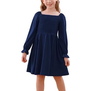 GORLYA Girls Long Puff Sleeve Square Neck Boho Frilly Smocked Shirred Flared Midi Dress 4-14T