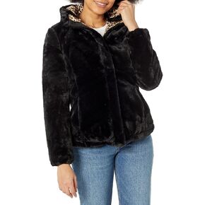 YMI Women's Junior Reversible Faux Fur Puffer Jacket, BLKNA, L