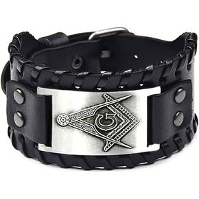 Masonic Freemason Leather Bracelet, Freemason Compass Symbol Leather Cuff Wristband for Mason Costume