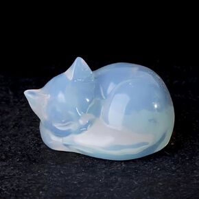 OwMell Tiny Sleeping Cat Statue Hand-Carved Healing Stone Gemstone Little Kitten Statue Figurine 2" - Opal