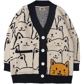 Aelfric Eden Oversized Women Sweater Cat Grahpic Cardigan Sweater Button Down Casual Cartoon Cable Knit Sweaters Coat