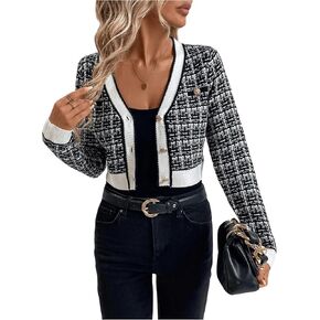 GORGLITTER Women's Contrast Binding Plaid Button Down Sweater Cardigan Color Block Long Sleeve Sweaters Outerwear
