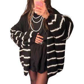 Kissonic Women's Striped Cardigan Sweaters Open Front Long Sleeve Chunky Knit Oversized Fall Sweater Coat