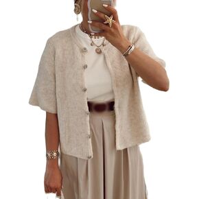 Women's Lightweight Button Up Knit Cardigan Short Sleeve Round Neck Solid Color Y2k Sweater Knitwear Tops