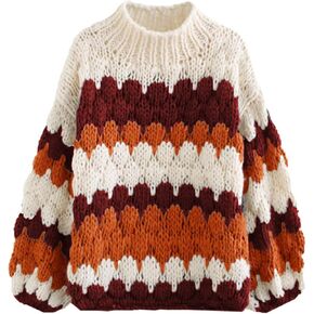 ZAFUL Womens Cute Sweaters Trendy 2024 Color Block Pullover Sweater Cable Knit Jumper Tops