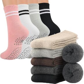 Toes Home Pilate Socks with Grips 4 Pairs and Warm Wool Crew Socks 5 Pairs