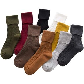9 Pairs Women's Crew Socks Long Knit Turn Cuff Cotton Slouchy Calf socks for Women Girls Ladies