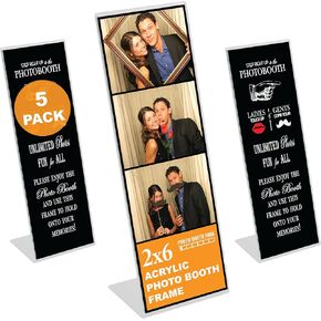 Photo Booth Nook | 2x6 Slanted Photo Booth Frames (5 Count) | Crystal Clear Acrylic Photo Booth Picture Frame with Black Inserts