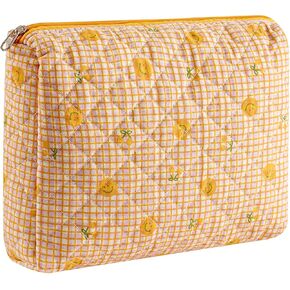Gleyemor Small Quilted Makeup Bag for Women, Cute Floral Cotton Cosmetic Bag, Travel Toiletry Bag Period Bag Essentials Bag Gifts for Her Mom Friend Sister Bridesmaid (Blue Floral)