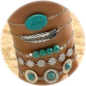 Vintage Turquoise Bangle Bracelet Western Bracelet Bohemian Silver Plated Simple Oval Geometric Beaded Stackable Bracelets for Women Trendy Jewelry Gifts