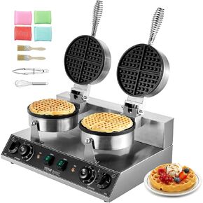 VEVOR Commercial Round Waffle Maker Nonstick 1100W Stainless Steel 110V Temperature and Time Control, Suitable for Restaurant Bakeries Snack Bar Family, Non-rotated