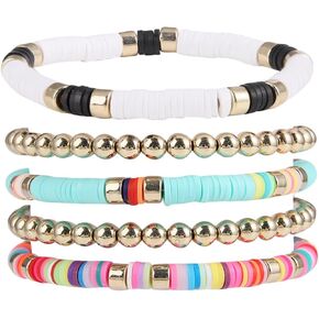 5Pcs Simple Heishi Surfer Bracelets Set Vintage Boho Colorful Beaded Stretch Bracelets Y2K Clay Stackable Summer Beach Jewelry for Women