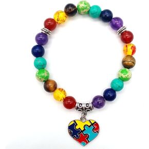 Autism Awareness 7 Chakra Beads Elastic Bracelet Colorful Beaded Love Heart Cross Ribbon Puzzle Jigsaw Charm Jewelry Gift for Autism Teacher Autistic Population