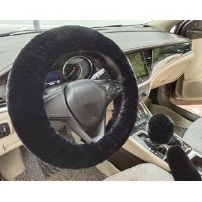 Winter Warm Fluffy Furry Fuzzy Car Steering Wheel Cover,Universal Fit Thickening Faux Rabbit Fur Plush Steering Covers+Gear Shift Cover and+Brake cover-3pcs Set (Black)