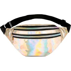 Metallic Color Holographic Fanny Pack Shiny Waist Packs Waterproof Belt Bag with Adjustable Belt for Women Men (Black)
