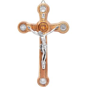Mondo Cattolico - Crucifix wall cross Catholic Benedict During Pope's Angelus, Olive Wooden Wall crucifix with Jesus Crown of Thorns and the Four Roman Basilicas Medals - Jesus crucifix 7,87" x 4,78"