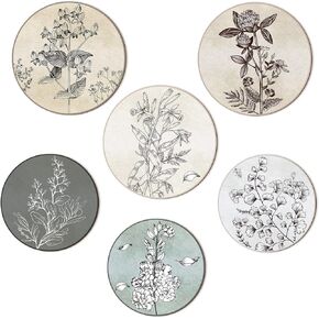 Barydat 6 Pieces Boho Plant Wall Art Print Set Boho Wooden Wall Print Neutral Vintage Wall Decor Minimalist Hanging Art Wall Decor Farmhouse Bedroom Living Room Office (Round)