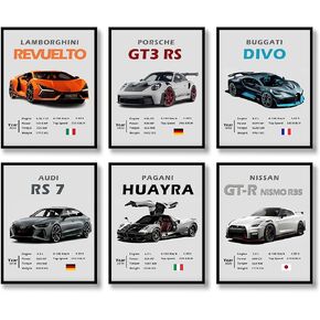 QQQDADA Car Wall Art Prints Set of 6 Modern Super Car Poster Racing Car Aesthetic Picture Wall Decor Canvas Vintage Art Wall Painting for Men Living Room Hallway (B, 8"x10" UNFRAMED)