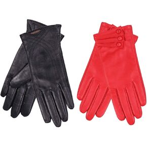 Nappaglo 2 Pair Leather Gloves Women (Black+Red)