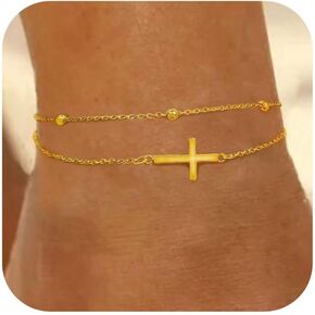 Gold Ankle Bracelets for Women, Layered 14K Gold Plated Anklets for Women Waterproof Beads Cuban Herringbone TennisPaperclip Link Anklets Set Summer Beach Foot Bracelets Jewelry Gift