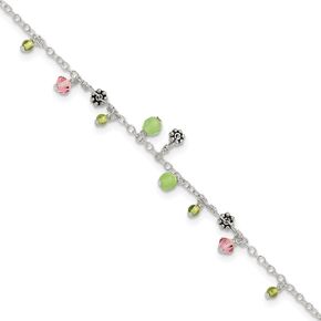 Solid 925 Sterling Silver Pink Crystal/Green Quartz and Peridot Green August Gemstone Bead Ankle Bracelet 9"