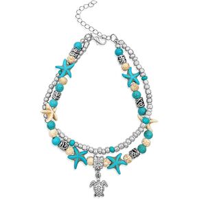 Blue Turquoise Starfish and Silver-Color Turtle Charm Artisan Beaded Anklet with Extension | Handmade Hypoallergenic Beach Tropical Style Jewelry