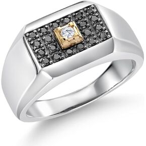 Gem Stone King Men's 925 Sterling Silver and 10K Yellow Gold Black Diamond and White Lab Grown Diamond Ring (0.29 Cttw, Available in Size 7,8,9,10,11,12,13)