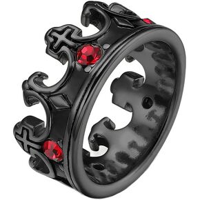 Men's Stainless Steel King Crown Ring with Red Gems Gothic Vintage Knight Statement Cross Rings