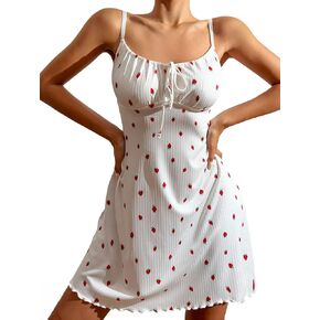 SHENHE Women's Sexy Strawberry Pajama Dress Bow Sweetheart Neck Sleeveless Babydoll Nightgown Pj Sleep Dress