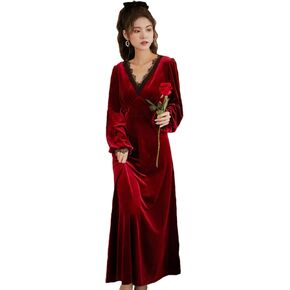 Women's Vintage Victorian Sleepwear Long Sleeve Fleece Nightgown Pajamas Nightwear Lounge Dress