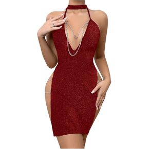 SHENHE Women's Sexy Chain Deep V Halter Nightgown High Slit Glitter Backless Nightdress